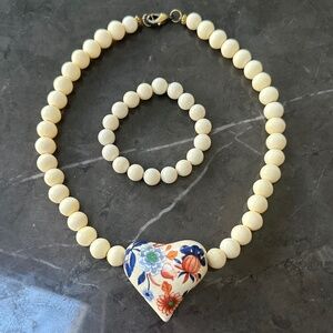 Sandra Pailet Handmade Creamy WhitePuffy Heart Pendant Necklace and Bracelet Set